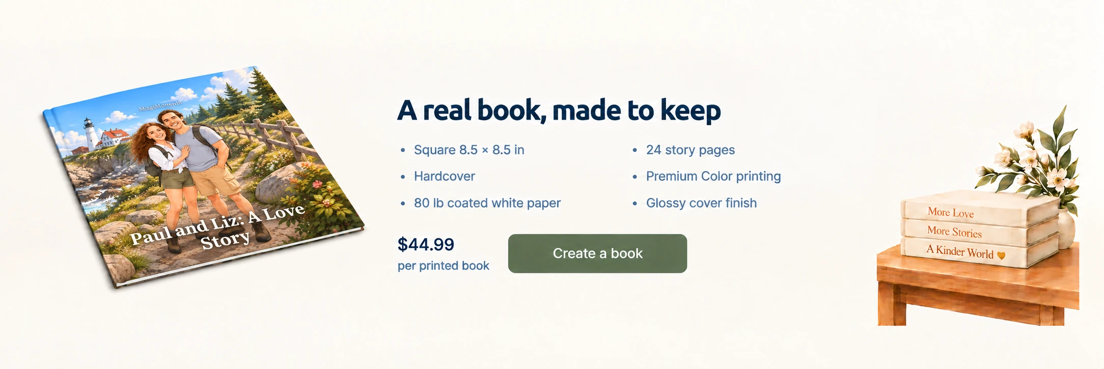 Square hardcover storybook with an illustrated couple beside a lighthouse on the cover.