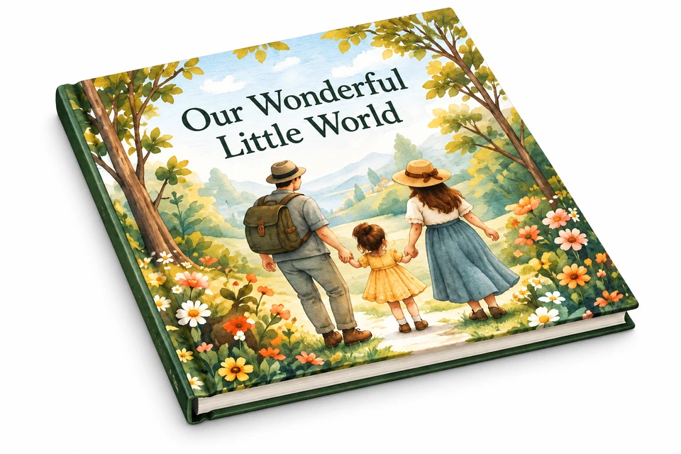 Illustrated square hardcover storybook with a family walking through a garden.