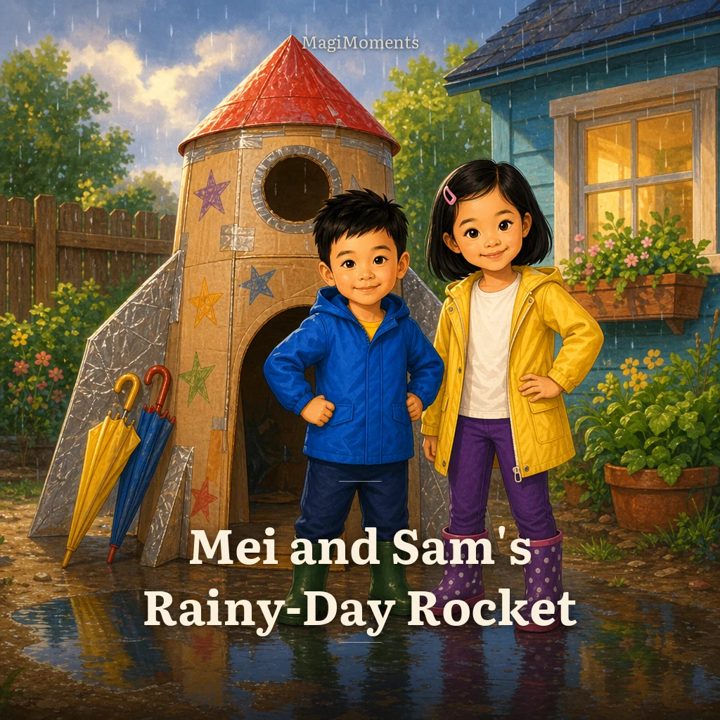 Example cover: Mei and Sam's Rainy-Day Rocket