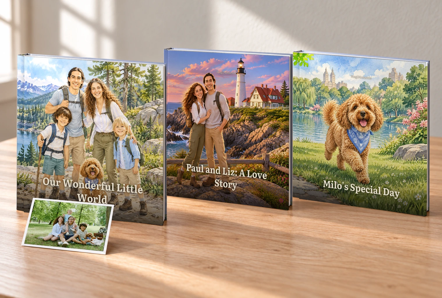 Three watercolor storybooks featuring a family, the parents as a couple, and their dog. A family of four and their apricot-colored dog in the original Polaroid photo.